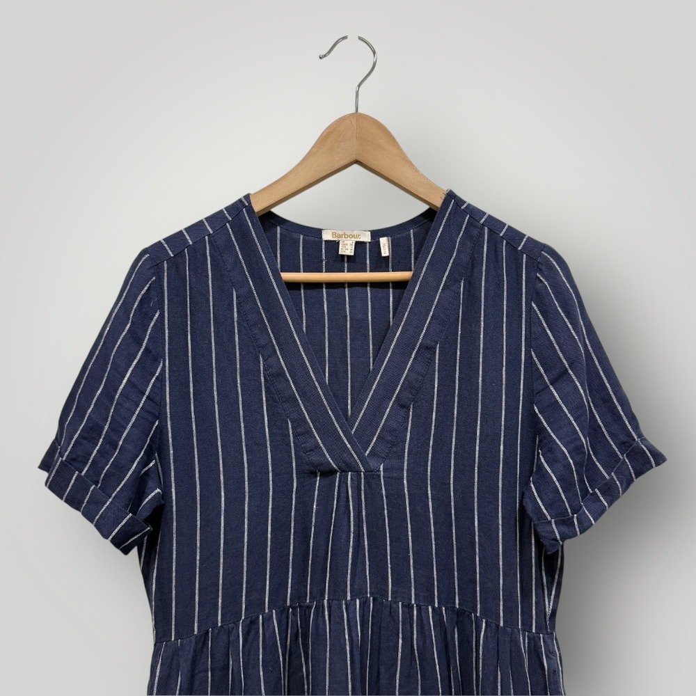 Barbour Marina Fogle Wickham Dress Navy Blue Pinstripe 100% Linen Midi Womens 4 - Picture 2 of 9